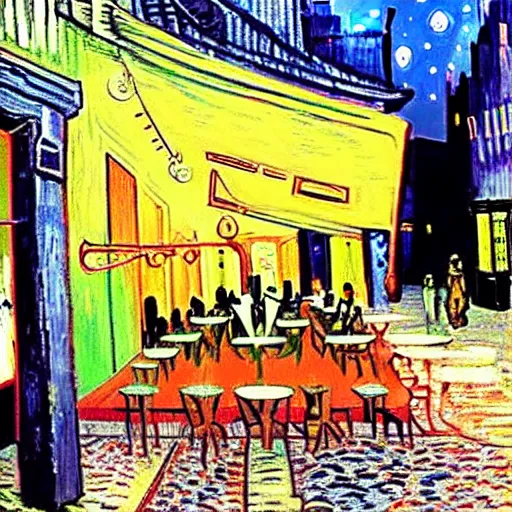 Image similar to Cyberpunk Cafe Terrace at night by Vincent Van Gogh in real life