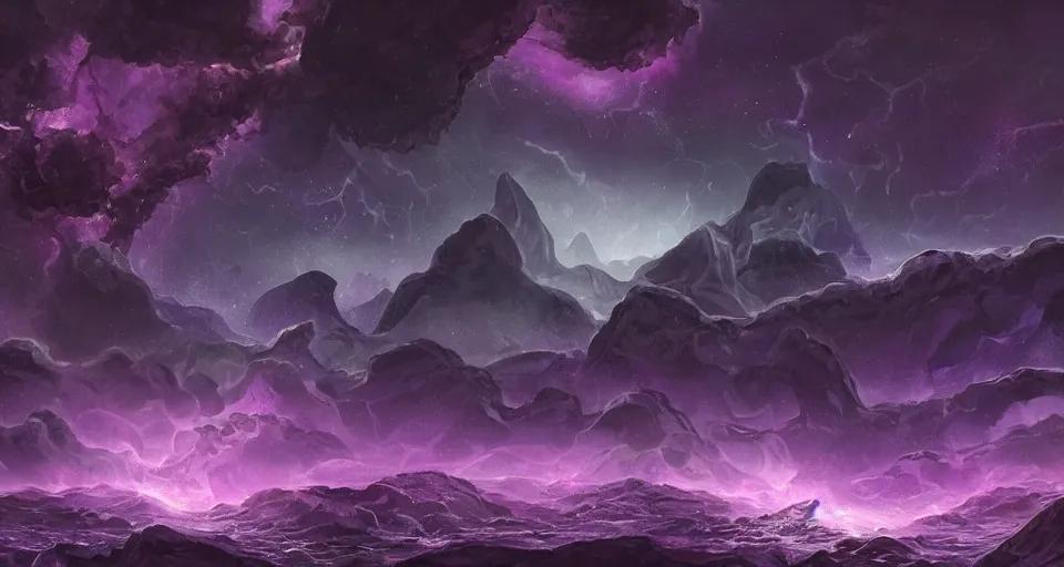 Image similar to black lovecraftian eldritch!! obsidian! pyramid!! surrounded by dark stormy sea, cosmic purple space!, bright stars, nebula, sky background by eugene von guerard, ivan shishkin, night, concept art, trending on artstation, 8 k