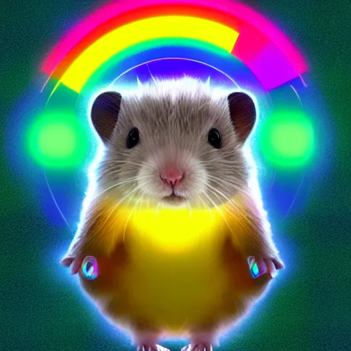 Image similar to cyberpunk hamster! holding rainbow! gem! crystal, neon lights, light reflection, 8 k, hd