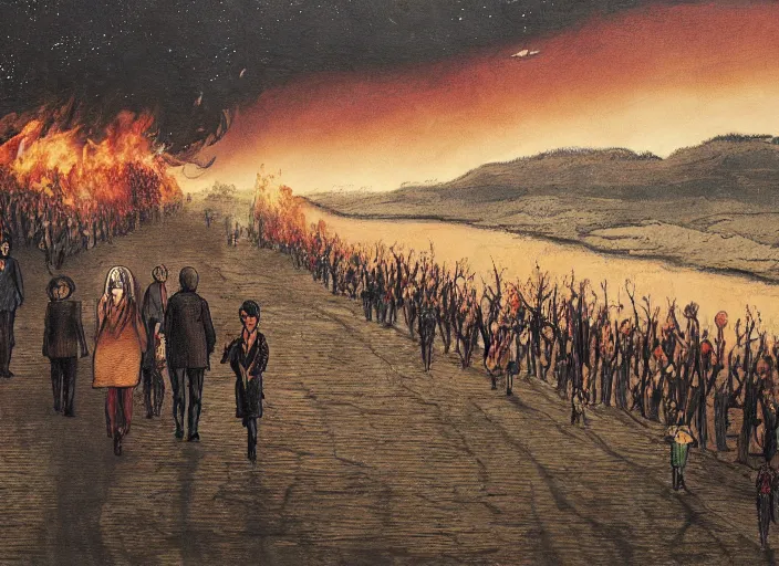 Image similar to an oil painting of a line of people walking into the distance, fire on the horizon, by marc simonette and alexander jansson, junji ito, concept art