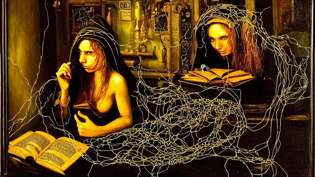 Image similar to prompt: a hacker in a hoodie, sitting in front of a monitor in a darkly lit rum Velasquez, nymph in the water performing alchemy, small flowers and cable wire around and on the side with artifacts and ancient book, intricate oil painting, high detail, Neo-expressionism, gnarly details