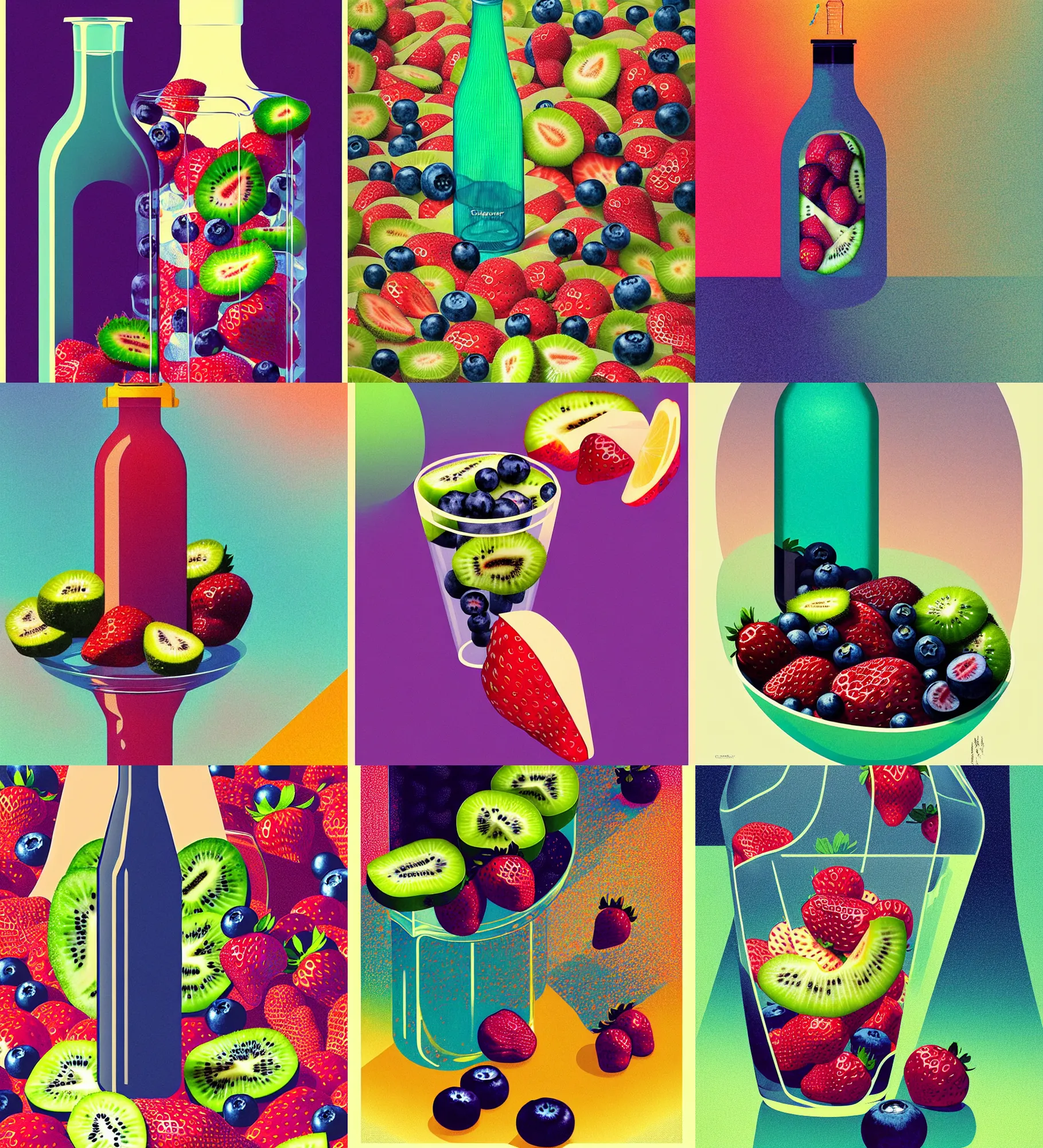 Prompt: ( ( dither ) ), editorial illustration strawberries blueberries sliced kiwi sliced lemon layered inside a clear drinking bottle, isometric, modern art deco, ( ( mads berg ) ), christopher balaskas, victo ngai, rich grainy texture, detailed, dynamic composition, wide angle, matte print, art nouveau, ( ( gustav klimt ) )