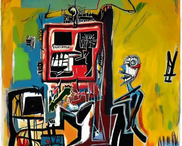 Prompt: painting of a cyborg questioning his reality by graham sutherland, basquiat, neo - expressionism, muted colors!!!