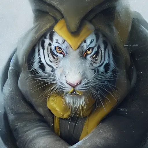 Image similar to a beautfiul award winning aesthetic commission of an antrho albino tiger wearing a yellow-black padded hooded puffer jacket,digital art,art by greg rutkowski,character design by charles bowater,ross tran,photorealistic,detailed face,hyperdetailed,western comic,2021,artstation,deviantart,cg society,3d render