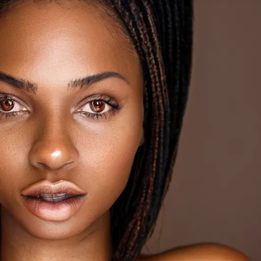 Image similar to a closeup portrait of a black woman with brown hair and brown eyes. Extremely clear and high quality eyes with reflection, realistic face and details, clear lips and high quality