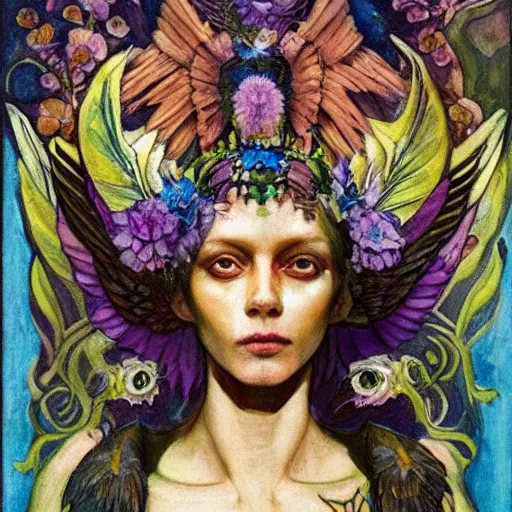 Image similar to the bone crown, the crown of wings, by Annie Swynnerton and Nicholas Roerich and Diego Rivera, bioluminescent skin, tattoos, wings made out of flowers, elaborate costume, geometric ornament, symbolist, cool colors like blue and green and violet, smooth, sharp focus, extremely detailed