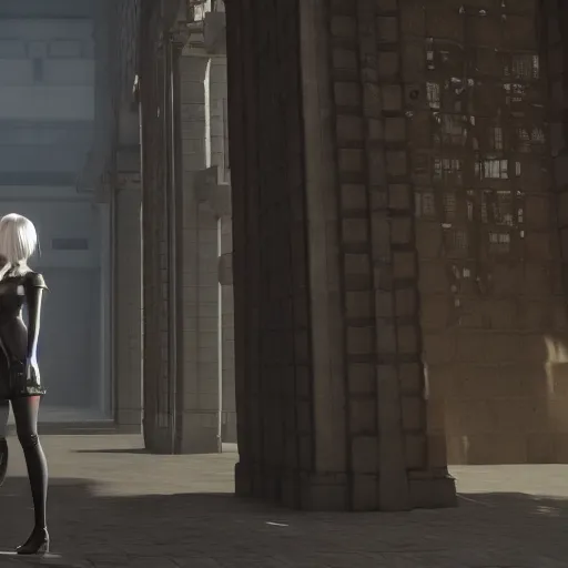 Image similar to 2B nier automata standing in front of a large building holding a Glock, detailed, artstation, concept art, Unreal Engine 5 render, 8K