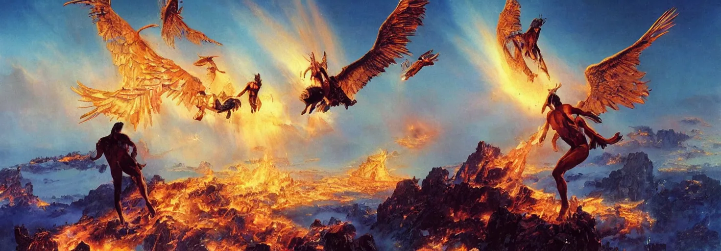 Image similar to an epic and awe-inspiring bruce pennington digital art landscape painting of Icarus crashing and burning while his father Daedalus looks on in disbelief