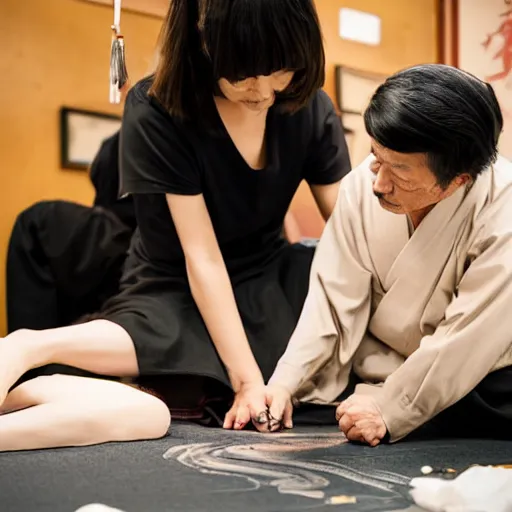 Image similar to woman getting tattoo traditional japanese on floor with old man tattooing photorealistic high detail