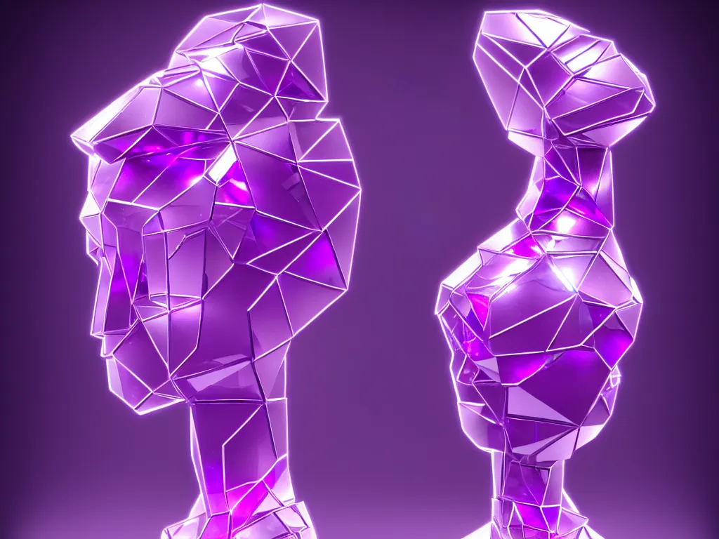 Image similar to beautiful mannequin sculpted out of amethyst by billelis + lit with purple 3 d geometric neon + chrome geometric cubed bonsai plants!!!!, doorway opening with neon pink geometric light, clean linework, dramatic, finely detailed, rule of thirds, moody, confident, award winning, 4 k, trending on artstation, photorealistic, volumetric lighting, octane render