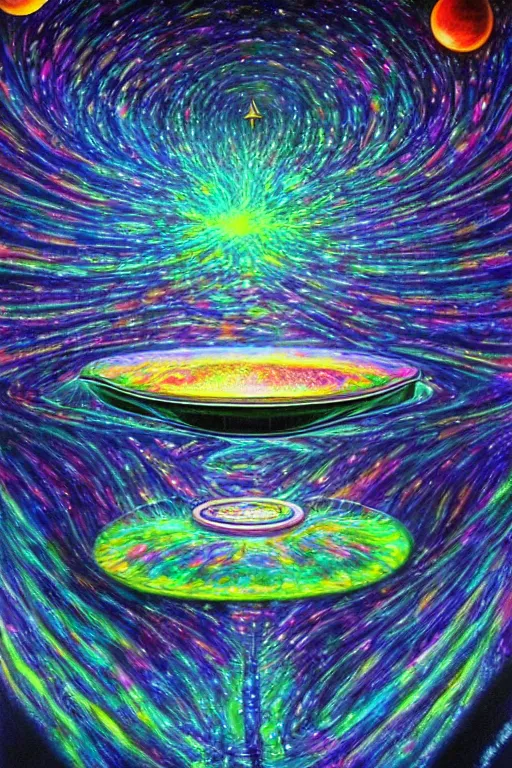 Prompt: a very high hyperdetailed ultrarealistic painting of 👽💻🌌 psychedelic ufo surreal magic realism spiritual art