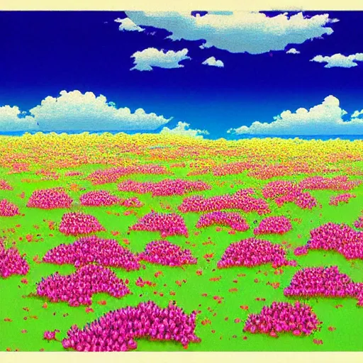 Prompt: a beautiful painting of a field of flowers atop a plateau overlooking a large beach by hiroshi nagai and hirohiko araki, detailed line art, vaporwave color scheme