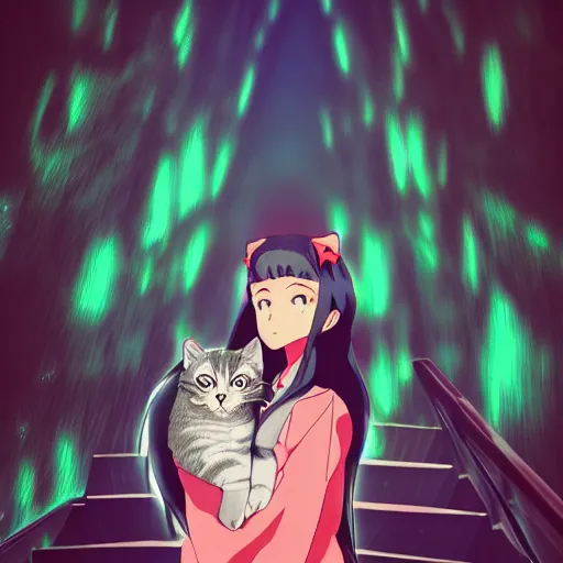 Image similar to a anime aesthetic woman with long dark hair holding a cat in her arm standing on steps in a field at night, a hologram by kusama, instagram, optical illusion, full body, ultra hd, neon, pexels contest winner, high quality photo, rtx, hd, shiny eyes, a renaissance painting by sailor moon