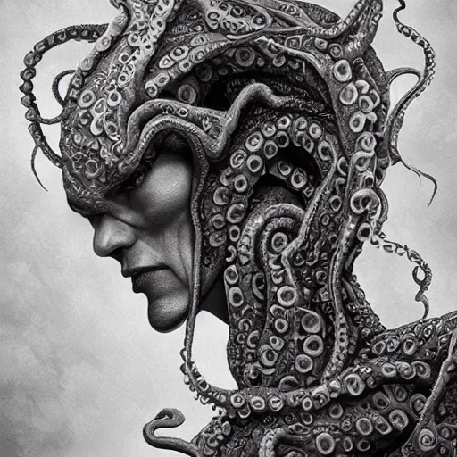 Image similar to octowoman, half woman, half octopus, lovecraftian horror!, surrealism, fantasy, intricate, elegant, highly detailed, digital painting, realistic shading, cinematic composition, hdr, photorealistic, 3 5 mm film, concept art, artstation, matte, sharp focus, illustration, art by keith thompson and christopher lane