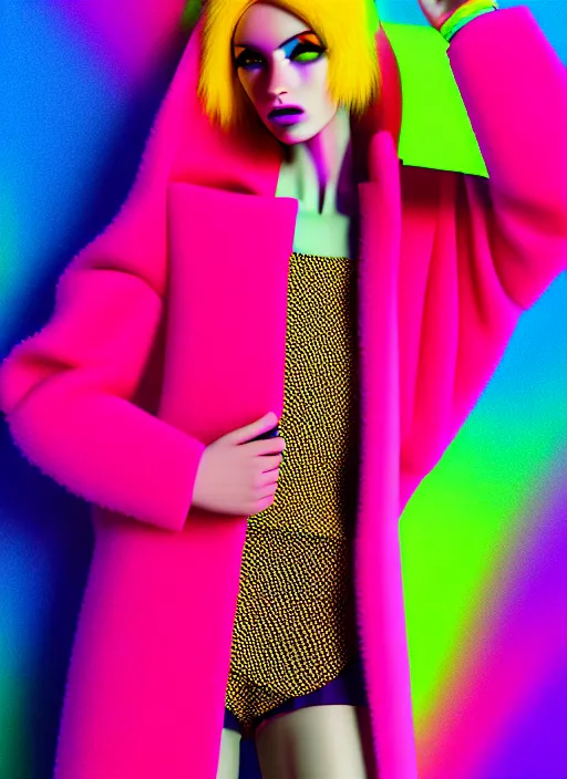 Prompt: coat for a rave, bright colors, many details, prints, photo for a magazine, photo for a store, fashion photography, Vogue, 135 mm, cinematic, hyper realism, high detail, octane render, 8k, chrome accents, perfect face