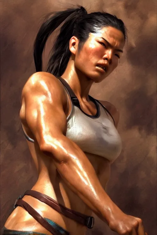 Image similar to muscular sweat chinese lara croft, exhausted face close up, highly detailed painting by gaston bussiere, craig mullins, j. c. leyendecker 8 k