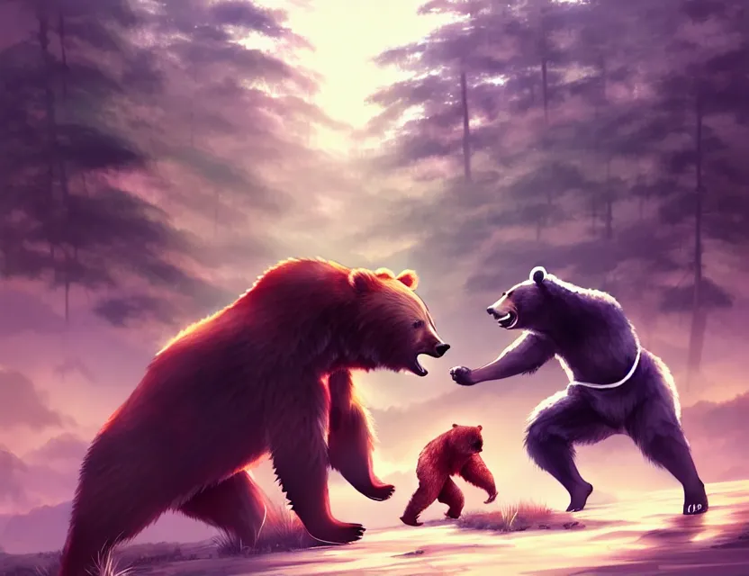 Image similar to asian male model fighting a bear, by nashimanga, anime illustration, anime key visual, beautiful anime - style digital painting by wlop, amazing wallpaper