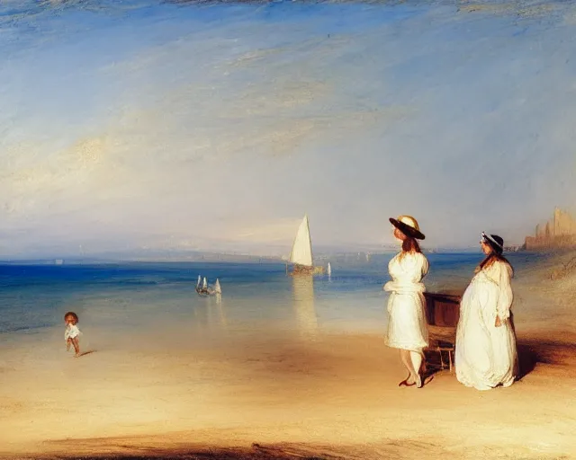 Prompt: a couple and a girl toddler on a beach in sardinia looking at a sailing boat, the man is wearing a panama hat, the woman has long dark hair, white sand, blue sky, summer, white and blue, painting by j. m. w. turner