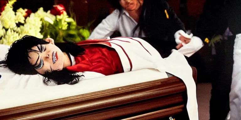 Image similar to photo still of michael jackson unconscious inside a coffin, full-shot, 4k