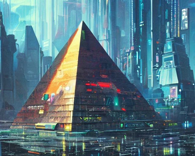 Prompt: the cyberpunk alpha pyramid from a planetary city, lofi aesthetic oil on canvas