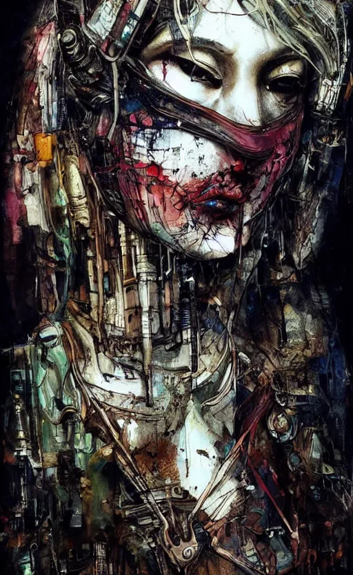 Image similar to beautiful women made of mech mask rendered in unreal engine, cyberpunk, full body, dark colour palet, rave, scifi, painted by albrecht durer | bernard buffet | carne griffiths | wlop