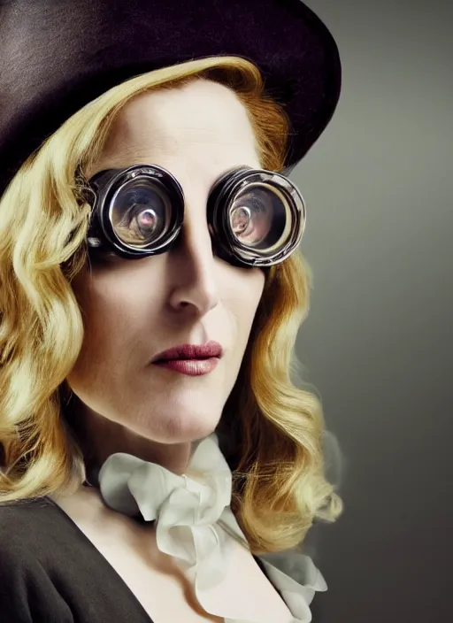 Image similar to closeup portrait of a steampunk gillian anderson wearing a top hat and goggles, depth of field, zeiss lens, detailed, symmetrical, centered, fashion photoshoot, by Annie Leibovitz and Steve McCurry, David Lazar, Jimmy Nelsson, Breathtaking, 8k resolution, extremely detailed, beautiful, establishing shot, artistic, hyperrealistic, beautiful face, octane render