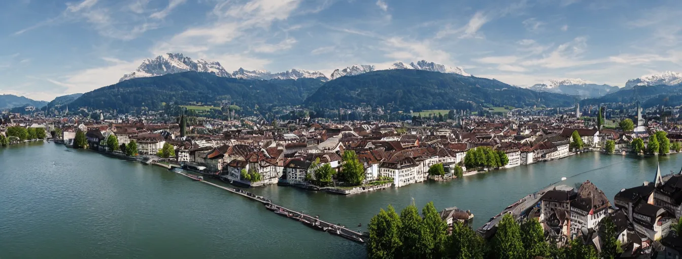 Image similar to Photo of Zurich, looking down the Limmat at the lake and the alps, Hardturm, Grossmünster, Lindenhof, Üetliberg, wide angle, volumetric light, hyperdetailed, light blue water, artstation, cgsociety, 8k