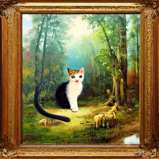Image similar to kitten exploring wild forest, German Romanticism detailed oil painting