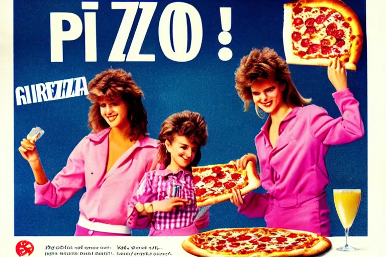 Image similar to pizza, 80s, advertisement