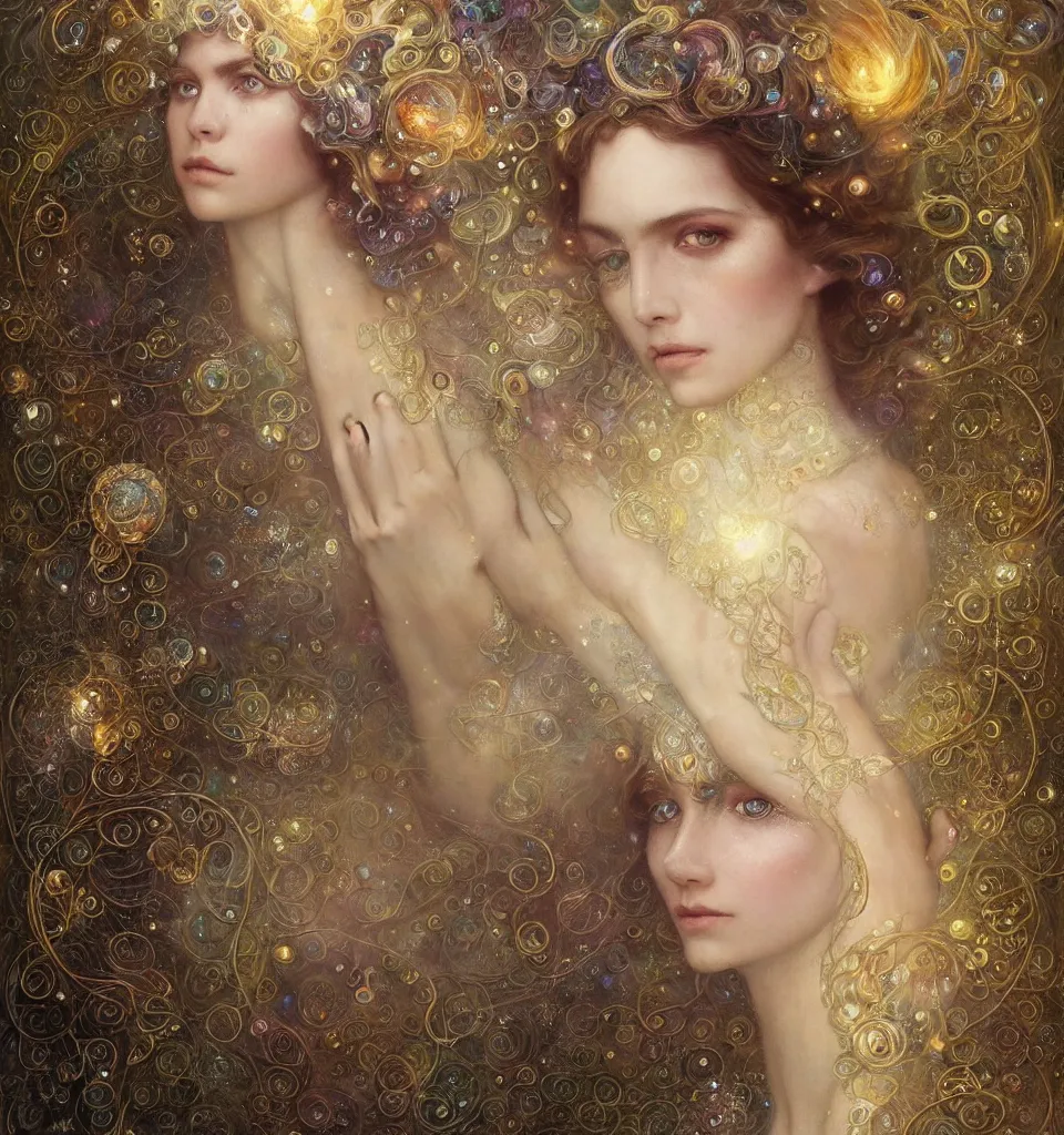 Image similar to Beautiful Delicate Detailed portrait of sun summer woman, With Magical golden eyes by Tom Bagshaw, Bastien Lecouffe Deharme, Erik Johansson, Amanda Sage, Alex Grey, Alphonse Mucha, Harry Clarke, Josephine Wall and Pino Daeni, Delicate winter frozen creature With long golden Hair and Magical Sparkling Eyes, Magic Particles; Magic Swirls, in a out of this world magical summer landscape, 4K; 64 megapixels; 8K resolution concept art; detailed painting; digital illustration; hyperrealism; trending on Artstation; Unreal Engine Photorealistic, lifelike, Unreal Engine, sharp, sharpness, detailed, 8K