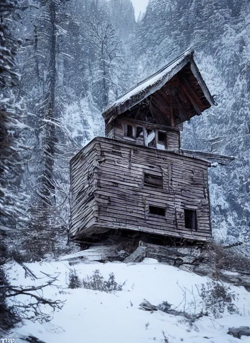 Prompt: an abandoned cabin on the top of a snowy mountain, new moon, greg rutkowski, 8 k, shallow depth of field, intricate detail, concept art,