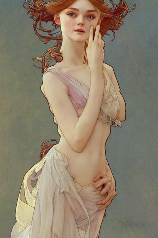 Prompt: stunning with who looks like elle fanning, detailed full body portrait by Krenz Cushart and Alphonse Mucha, amazing detail, stunning lines, flat colors, 4K, character design, concept art