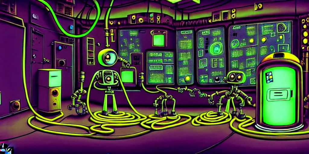 Image similar to steampunk robot happy Funny cartoonish with neon cables at a nuclear control room, by Gediminas Pranckevicius and Felix-Kelly H 704