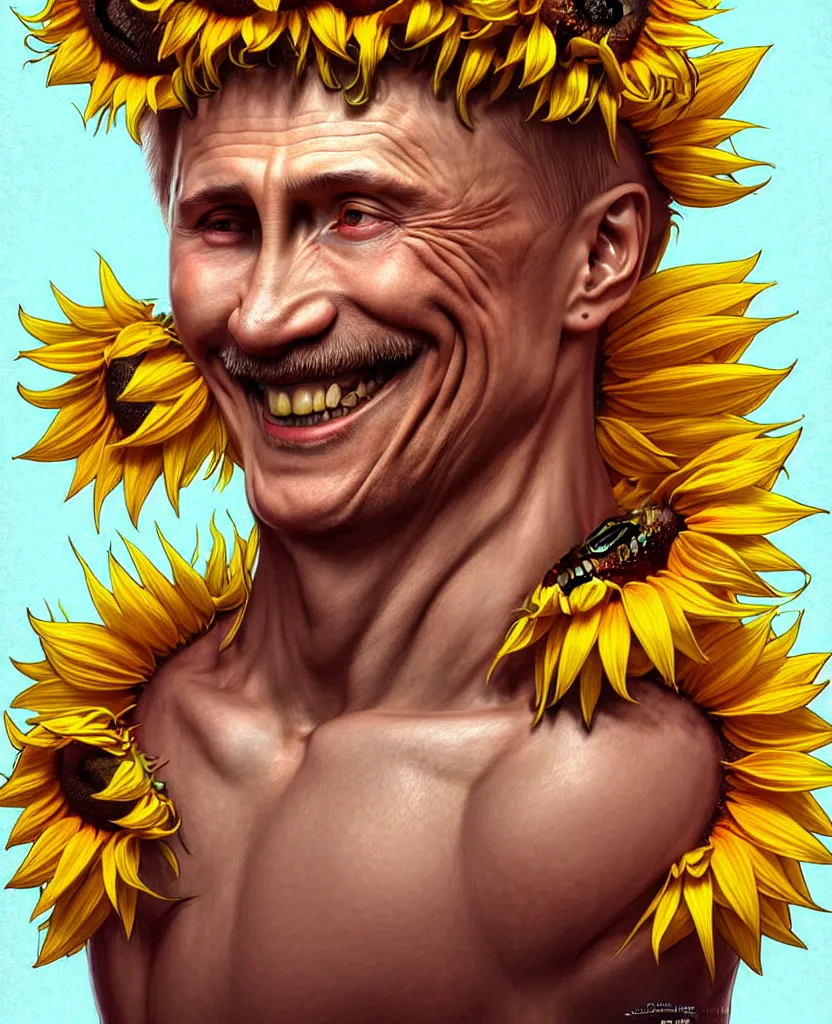 Image similar to digital art, centered full body of Putin smiling king, Sunflower crown, ,intricate, veins, by James Jean and by artgerm , by ross tran ultradetailed, charachter design, concept art, trending on artstation,