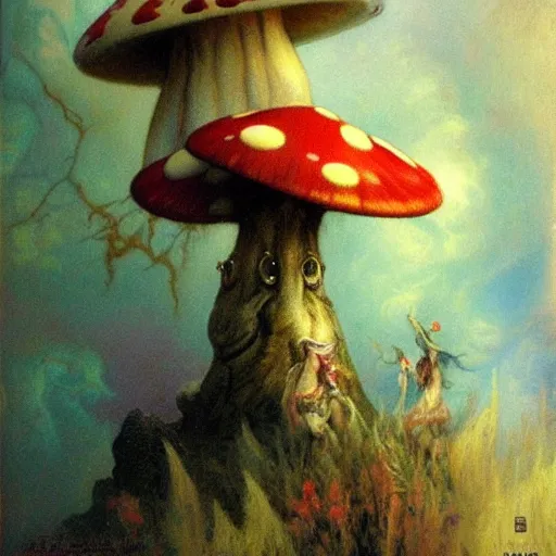 Image similar to magic mushroom, david bowie, nendroid, gaston bussiere style