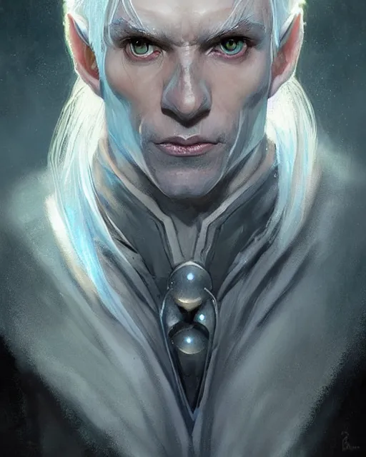 Prompt: character portrait of a slender half - elven man with white hair, piercing blue eyes, and pale bluish skin, by greg rutkowski, mark brookes, jim burns, tom bagshaw, trending on artstation