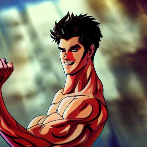 Image similar to Still of Andrew Garfield with a very muscular body type, anime art, anime style