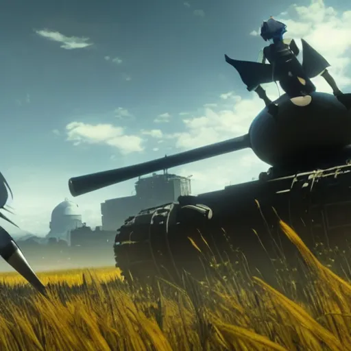 Image similar to a high resolution image from nier : automata, featuring 9 s android fighting a t 3 4 tank in yellow rye field under pure blue skies