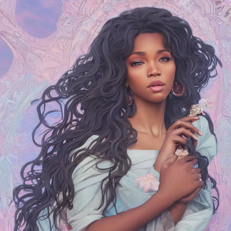 Image similar to beautiful black woman with gorgeous pastel balayage hairstyle, as seen on artgerm, octane render, in the style of alphonse mucha, ultra realistic, highly detailed, 8 k