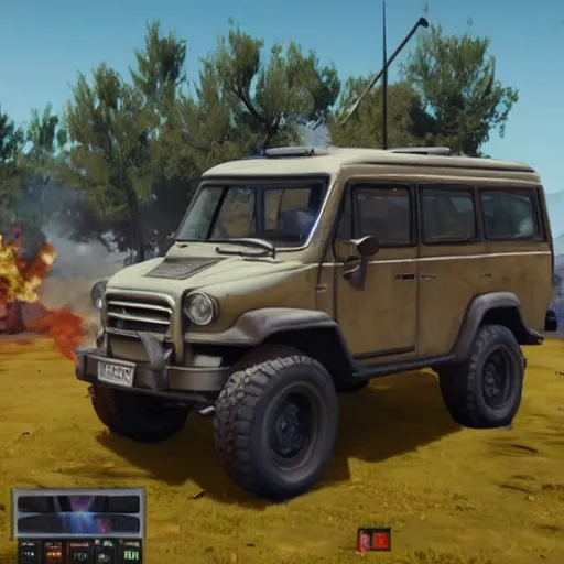 Image similar to invoker from dota 2 driving uaz in playerunknown battlegrounds