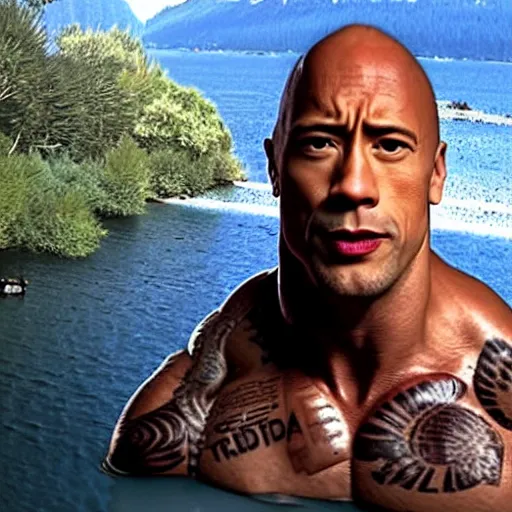 Image similar to cctv footage trail cam of dwayne the rock johnson and floating toilet