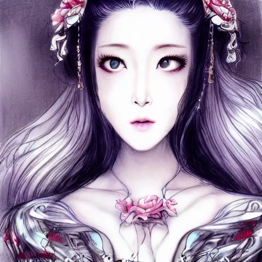 Prompt: a drawing of a woman looks like chinese actress fanbingbing, with long white hair, a character portrait by yoshitaka amano, featured on pixiv, fantasy art, official art, androgynous, anime