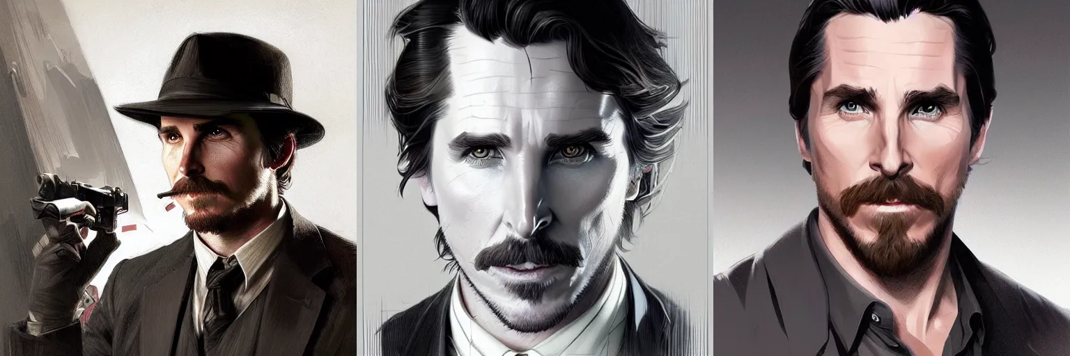 Prompt: portrait of Christian Bale as a detective, highly detailed, digital painting, artstation, concept art, sharp focus, illustration, art by artgerm and greg rutkowski and alphonse mucha