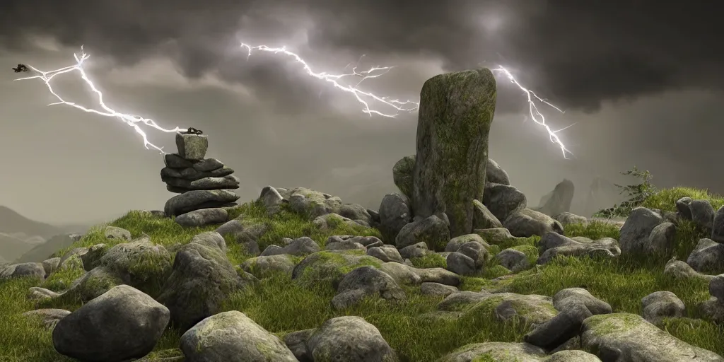 Image similar to Photorealistic epic landscape with magically floating rocks, with ominous storm clouds, strange levitating stones, stones falling from the sky, a gentle rising mist. Strange dark monks perform a ritual. Magical symbols float above them. occult photorealism, UHD, amazing depth, glowing, golden ratio, 3D octane cycle unreal engine 5, volumetric lighting, cinematic lighting, cgstation artstation concept art