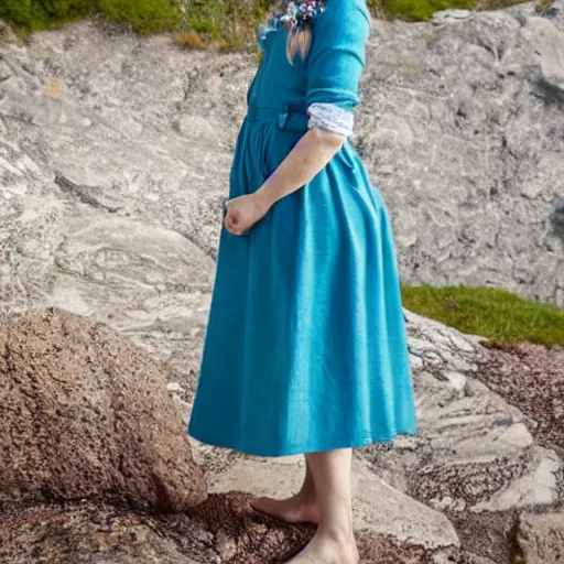 Image similar to a portrait of beautiful nordic woman wearing a folkdrakt dress, summers flowers headband on her head, against a teal blue background