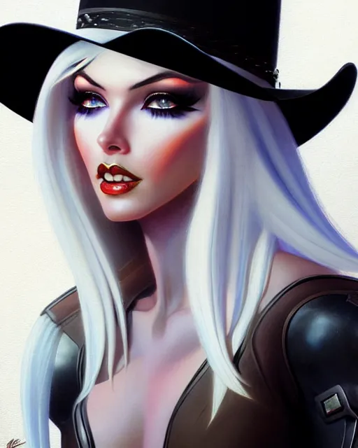 Image similar to ashe from overwatch, white hair, black cowboy hat, character portrait, portrait, close up, highly detailed, intricate detail, amazing detail, sharp focus, vintage fantasy art, vintage sci - fi art, radiant light, caustics, by boris vallejo