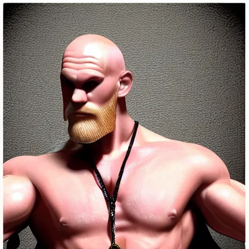 Image similar to TechnoViking male with no shirt, large muscles, bald head, dirty-blonde extended goatee, necklace chibi as a Funko Pop