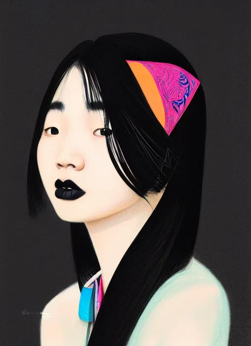 Prompt: portrait of a korean woman with a crooked nose and a confident expression, 1 9 6 0 s, black clothes, goth, punk, brightly coloured hair, funk, intricate, elegant, highly detailed, digital painting, artstation, concept art, smooth, sharp focus, illustration, art by wlop, mars ravelo and greg rutkowski