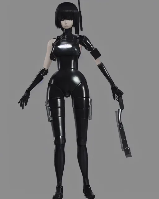 Prompt: CAD screenshot of a realistic android bodyguard modeled after 2B from Nier Automata and with feminine body type, solidworks, catia, autodesk inventor, unreal engine, gynoid cad design inspired by Masamune Shirow and Nier Automata and Ross Tran, product showcase, octane render 8k