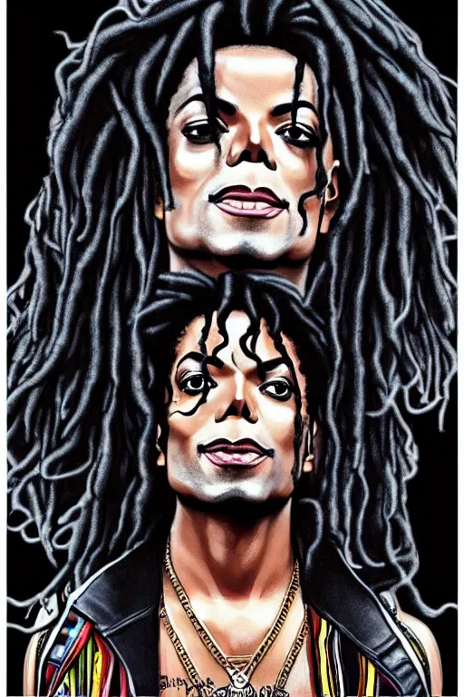 Image similar to michael jackson poster as a black rapper 1 9 7 0 s, dreadlocks, tattoos, dancing, poster tour, art work, ripped, 6 pack, rapping, grime, michael jackson, uhd, sharp, detailed, cinematic 4 k